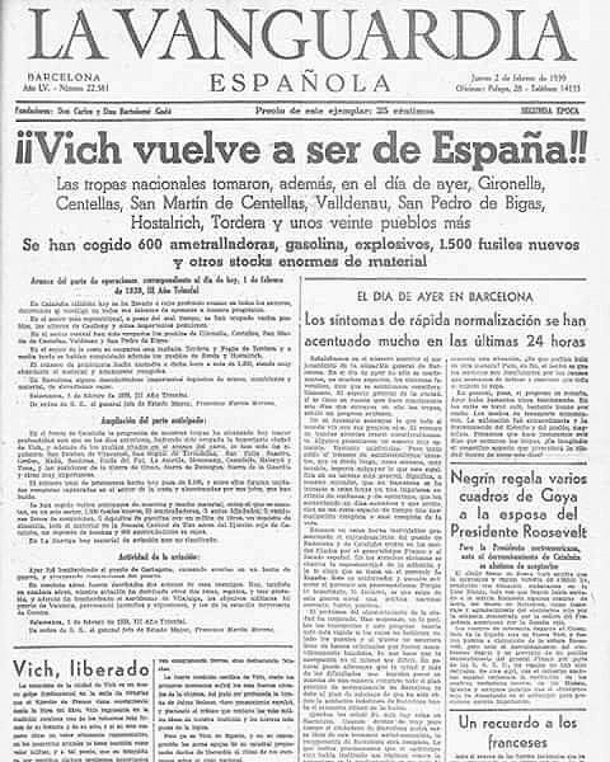 Portada de «La Vanguardia», 02/02/1939