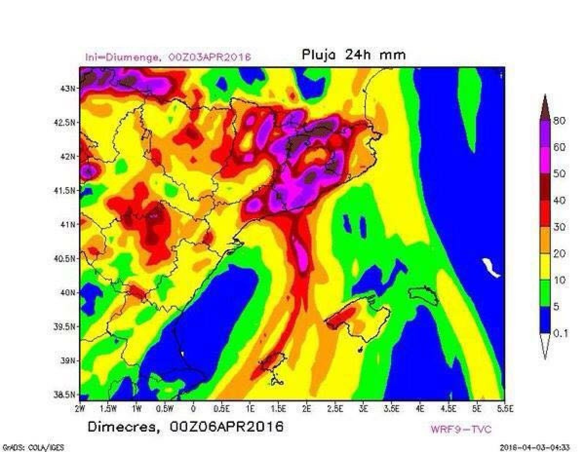 Acumulació de pluja prevista per aquest dimarts segons el model WRF