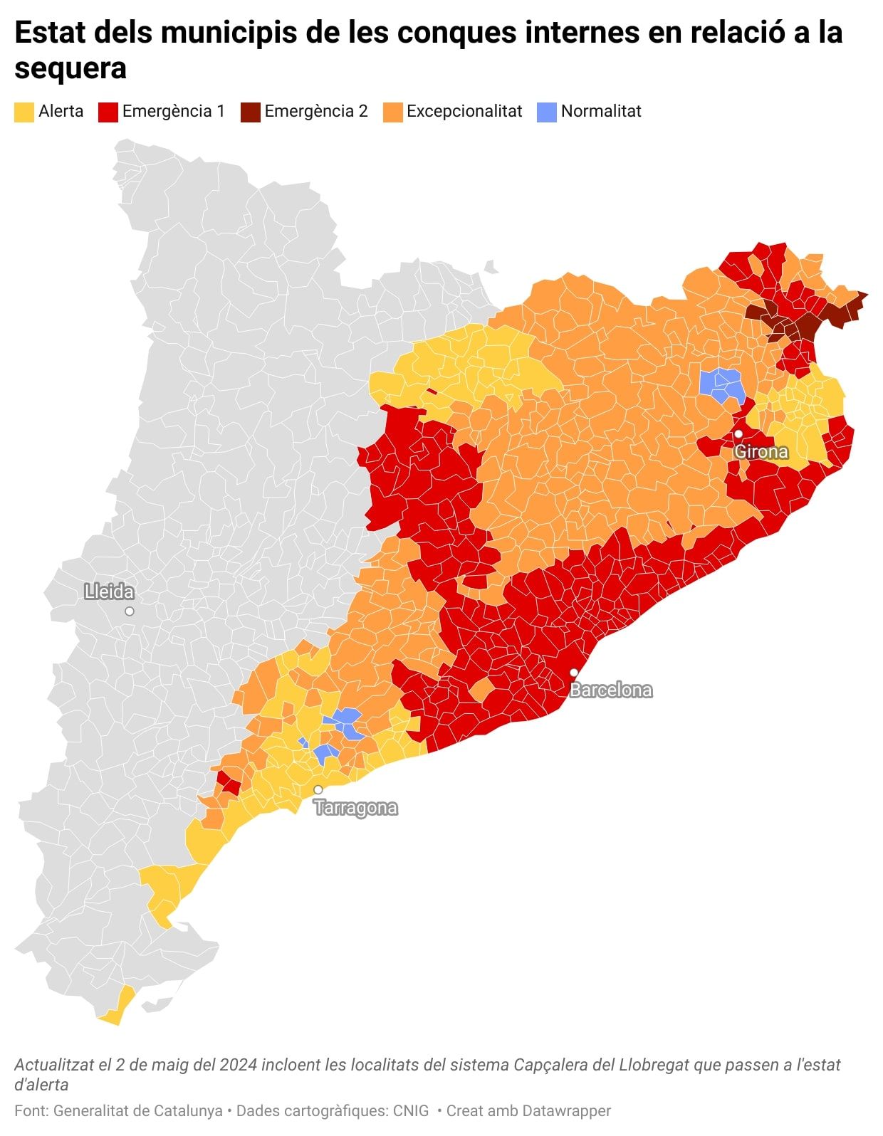 Mapa amb l'estat dels municipis de les conques internes en relació a la sequera / Guifré Jordan