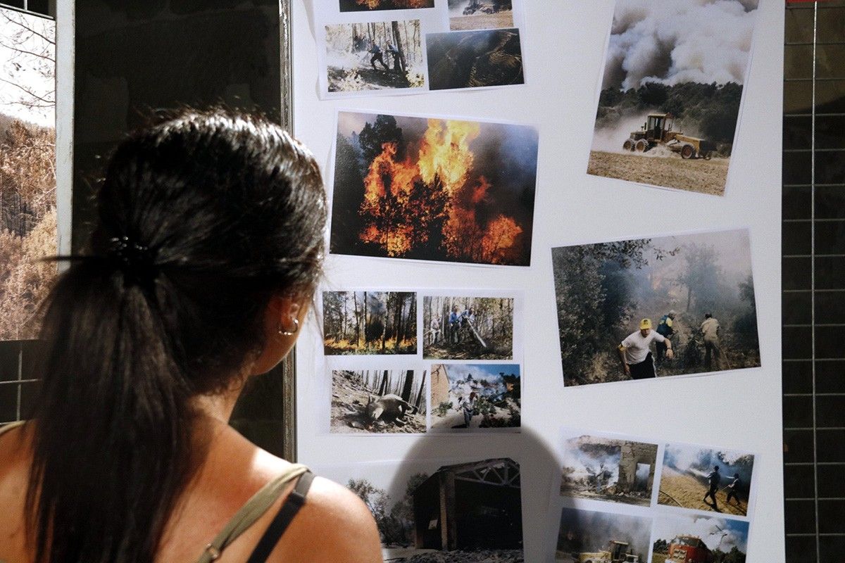 Una noia observa l'exposició sobre els 20 anys dels grans incendis a la Catalunya Central
