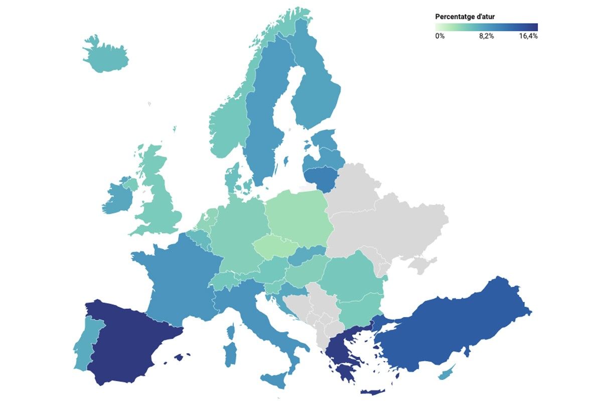 Mapa d'Europa, en funció de la taxa d'atur.