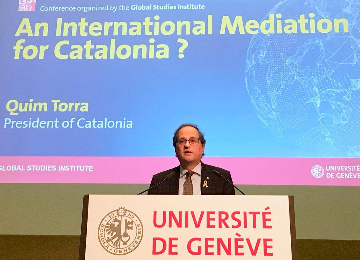 El president de la Generalitat, Quim Torra, en la seva conferència aquest dimecres a la Universitat de Ginebra