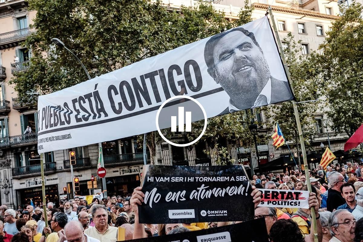 Pancarta de suport a Oriol Junqueras en una manifestació recent.