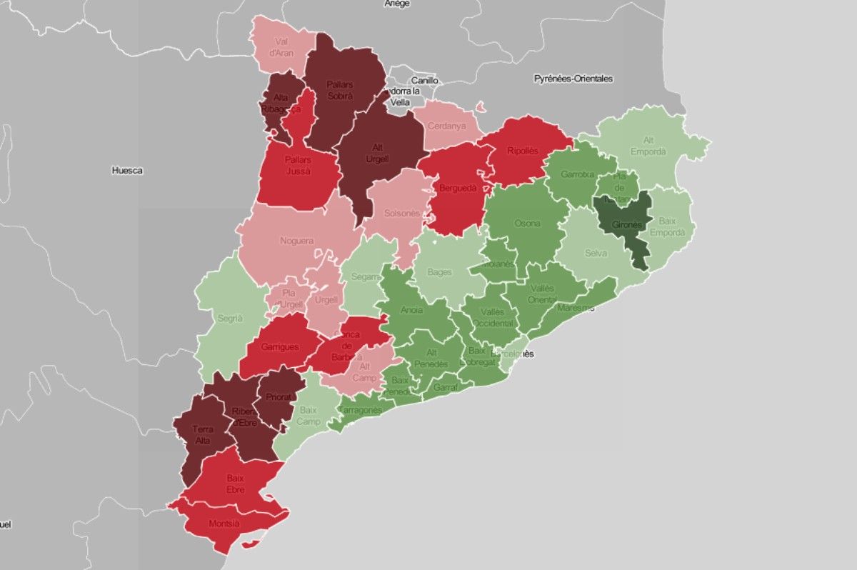 Mapa de Catalunya, en funció de la pèrdua o guany de població durant l'última dècada.