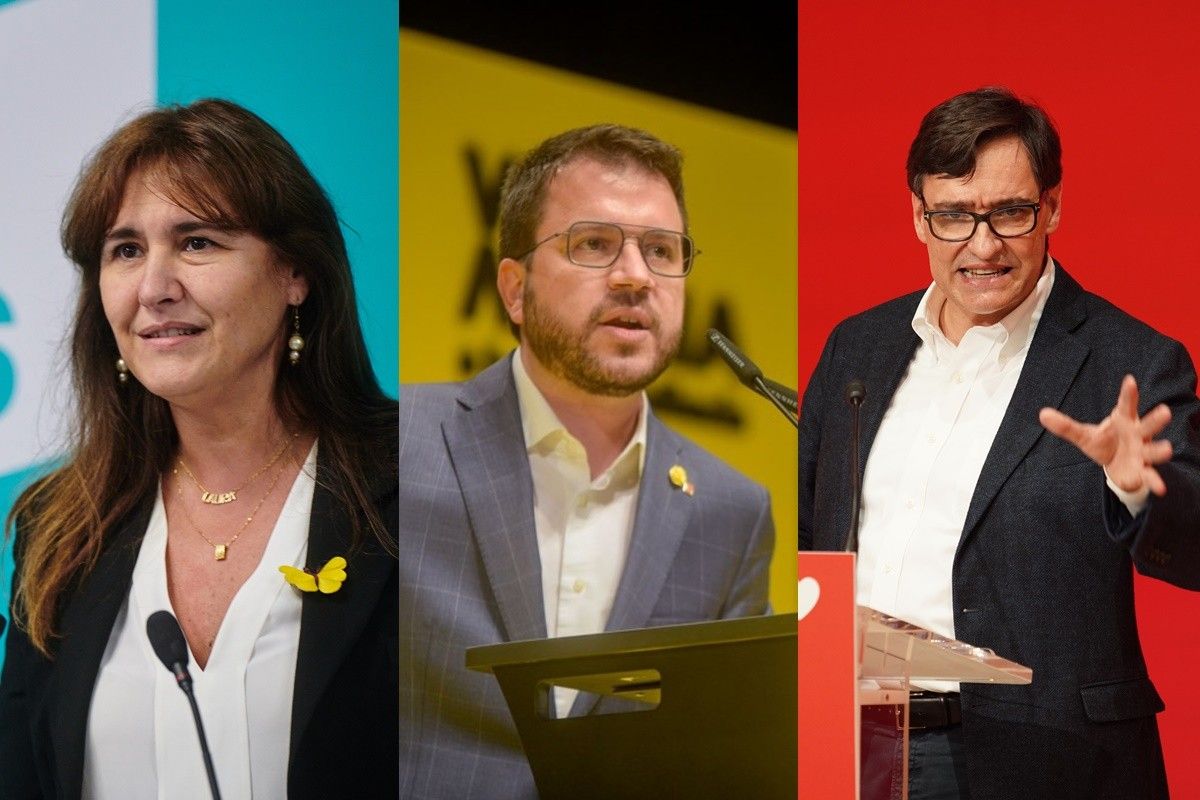 Els tres candidats que es disputen la victòria, Laura Borràs, Pere Aragonès i Salvador Illa.