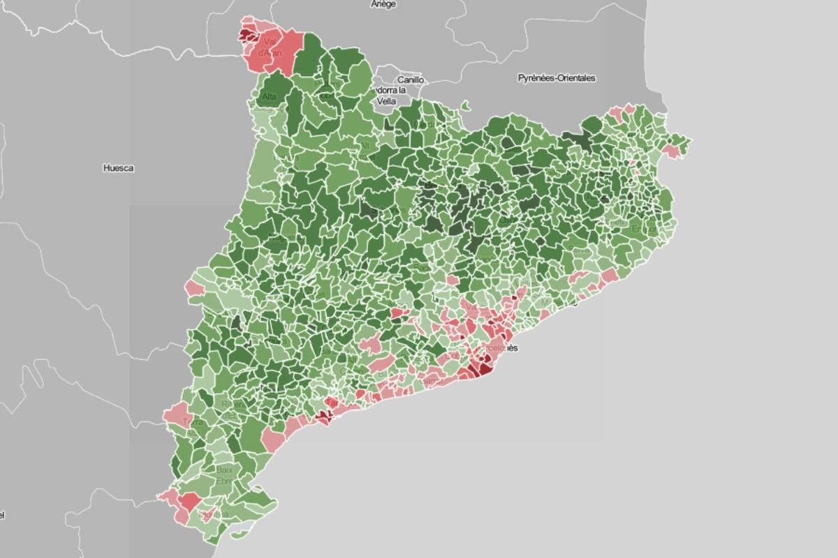 Mapa de municipis, en funció del suport a l'independentisme.