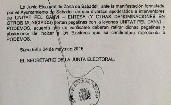 Decisió de la Junta Electoral de zona sobre Unitat pel Canvi a Sabadell