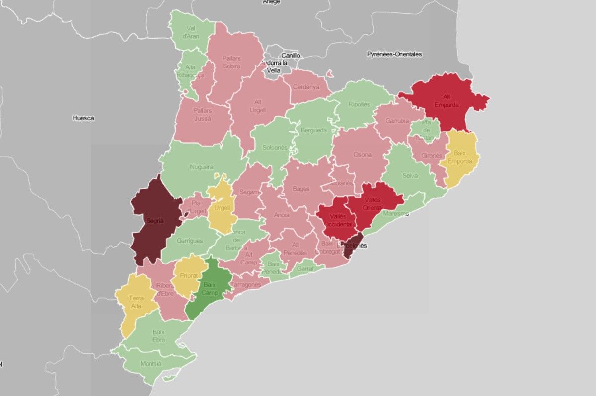 Mapa comarcal, en funció de l'evolució del nombre d'hospitalitzats.