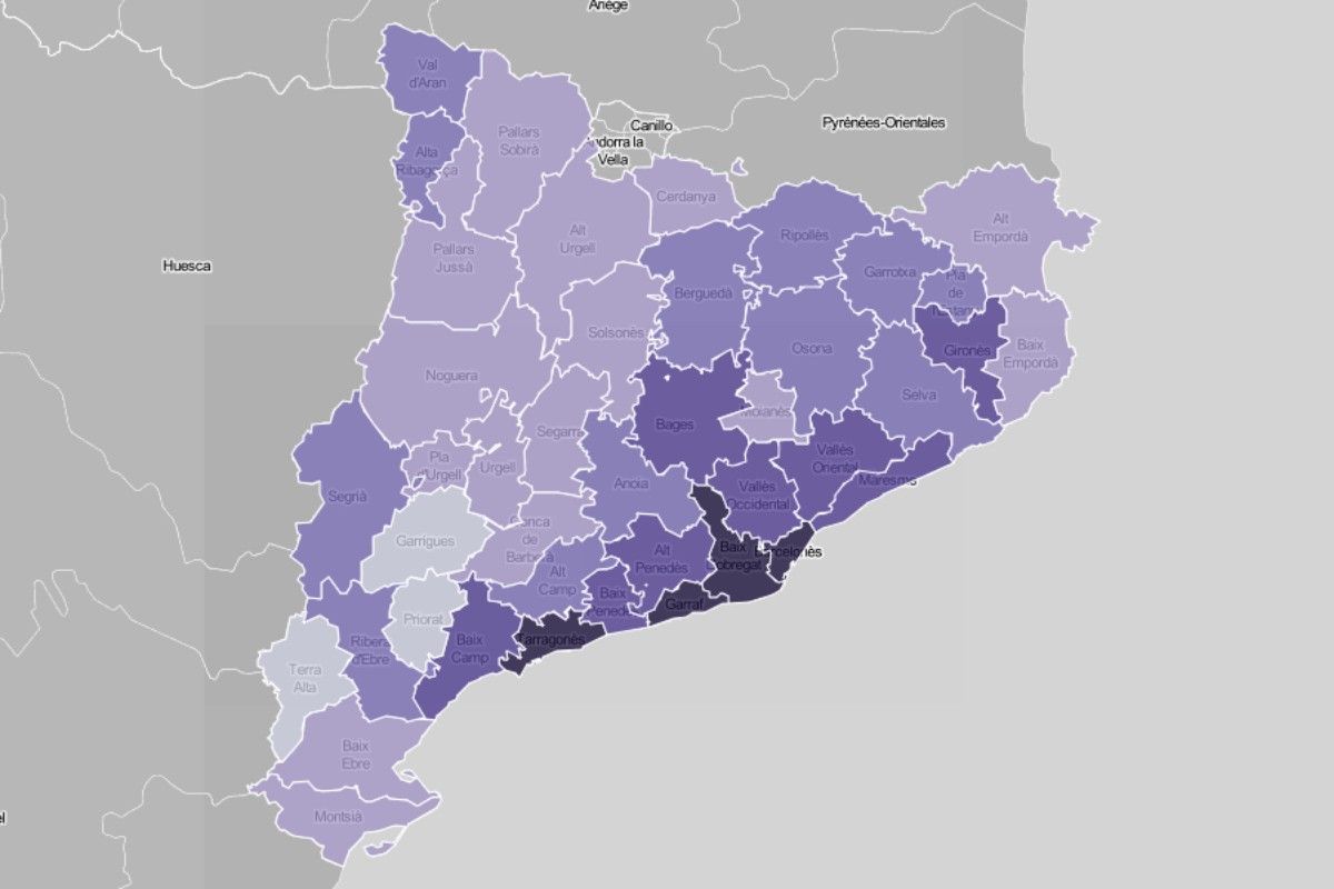 Mapa comarcal, en funció de la pensió mitjana dels jubilats.