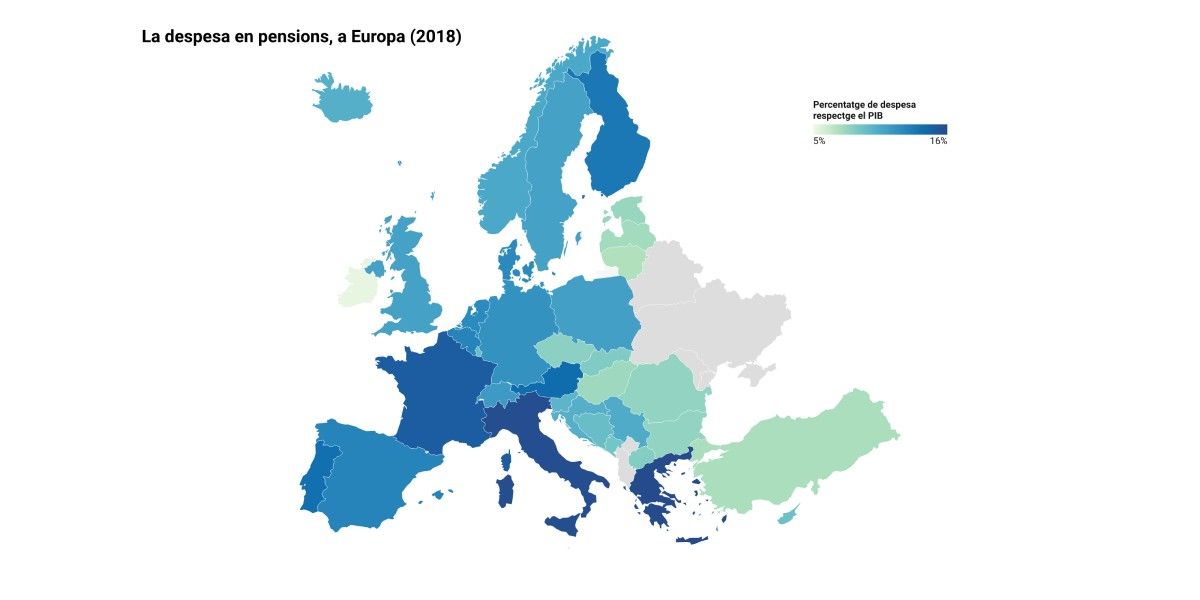 Mapa dels estats europeus, en funció de la despesa en pensions.