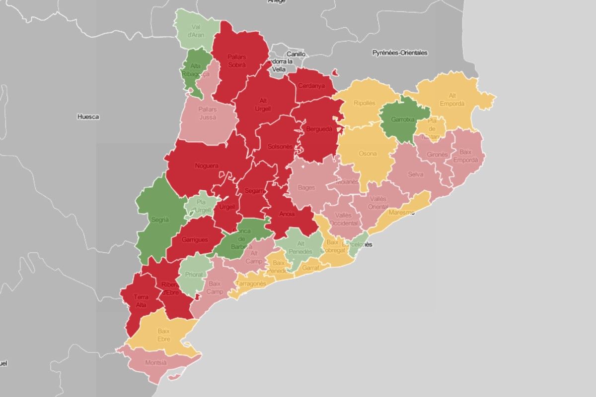 Mapa comarca, en funció de l'evolució dels contagis setmanals.