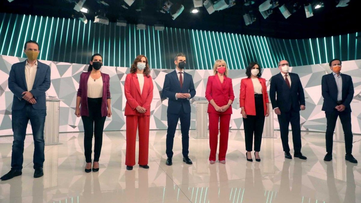 Imatge del plató en l'únic debat entre els sis candidats a Madrid.