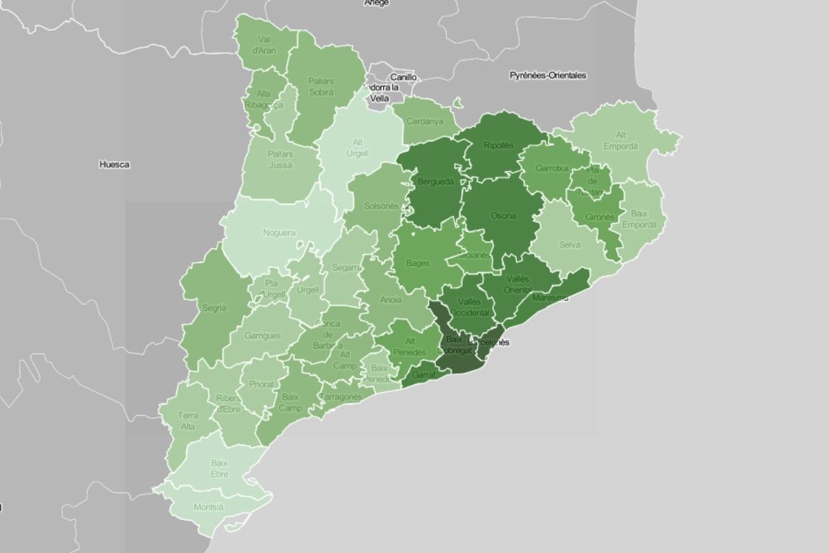 Mapa comarcal, en funció de la renda familiar disponible.