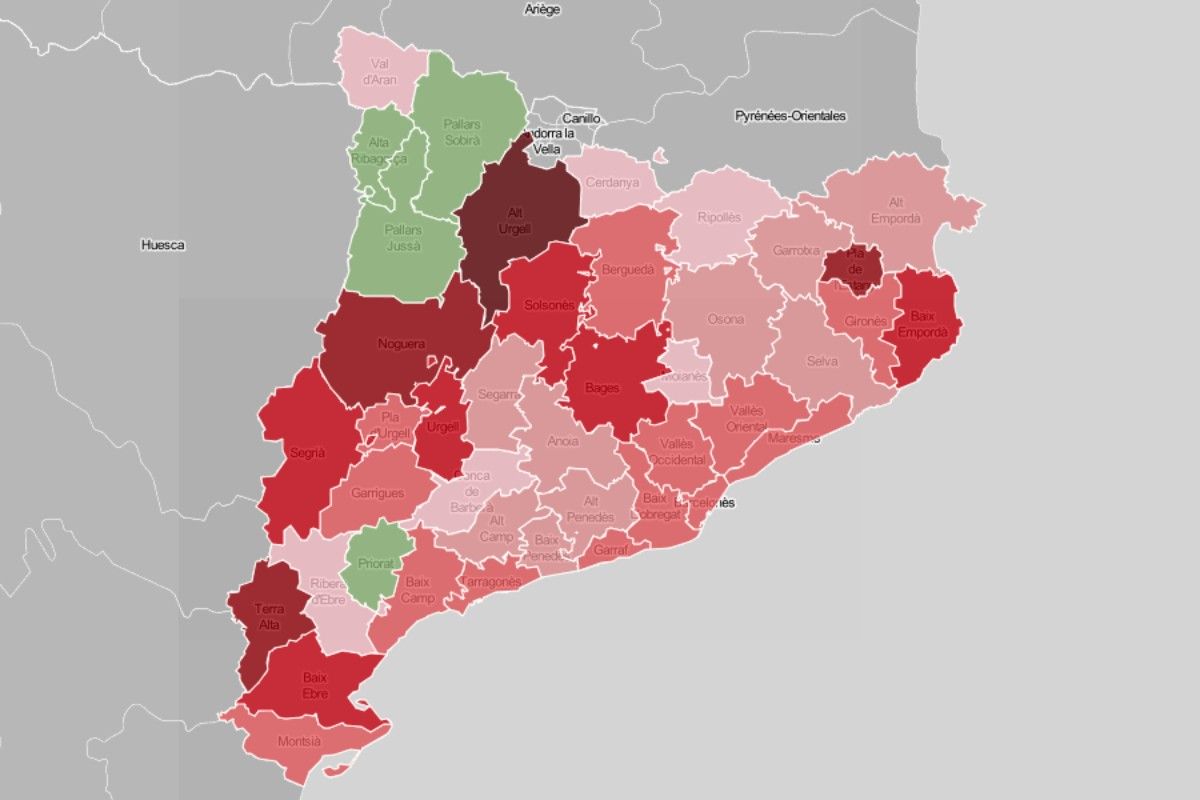 Mapa comarcal, en funció de l'evolució dels desplaçaments en la mitjanit dels darrers dos caps de setmana.
