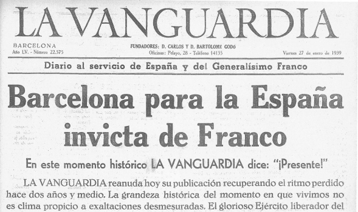 Portada de La Vanguardia del 27 de gener de 1939