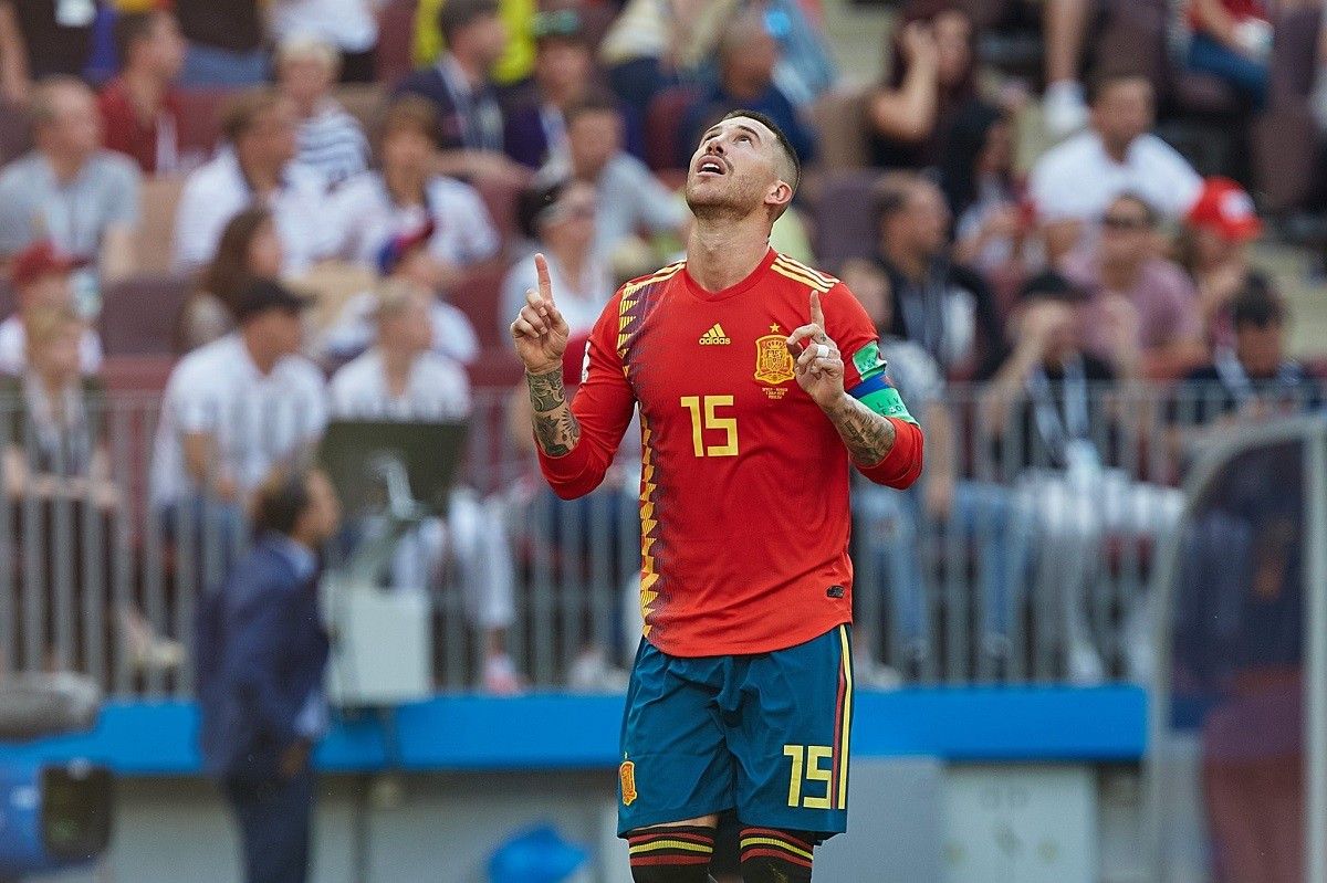 Sergio Ramos celebra un gol d'Espanya contra Rússia