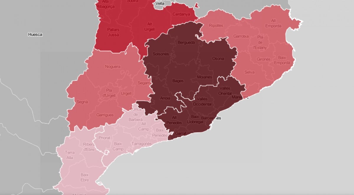 Mapa de Catalunya, per regions sanitàries, en funció de la ràtio de contagis.