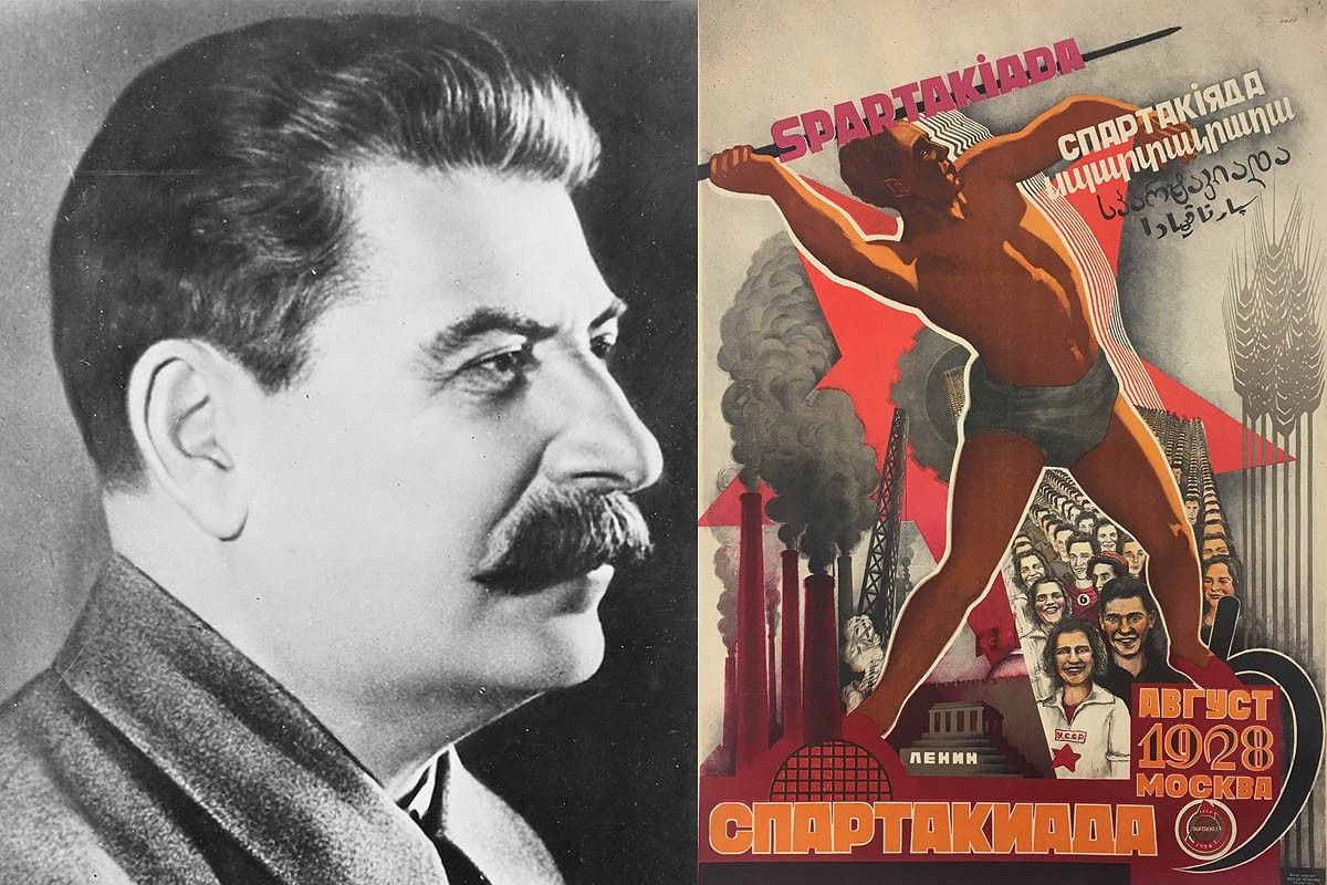 El dictador rus Stalin i un cartell dels Jocs de l'Espartaquiada del 1928.