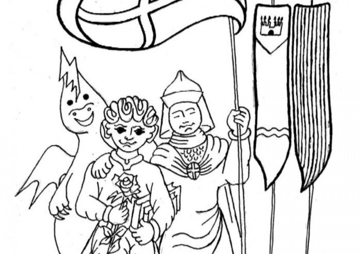 En el dibuix hi apareixen Sant Jordi i el drac, acompanyats d'en Daurix, mascota i capgròs de Valldaurex