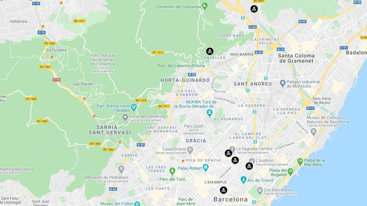 Mapa amb les sis morts al carrer durant el confinament a Barcelona