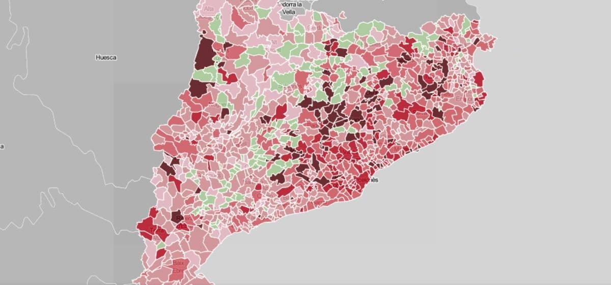 Mapa municipal de Catalunya, en funció dels casos de coronavirus.