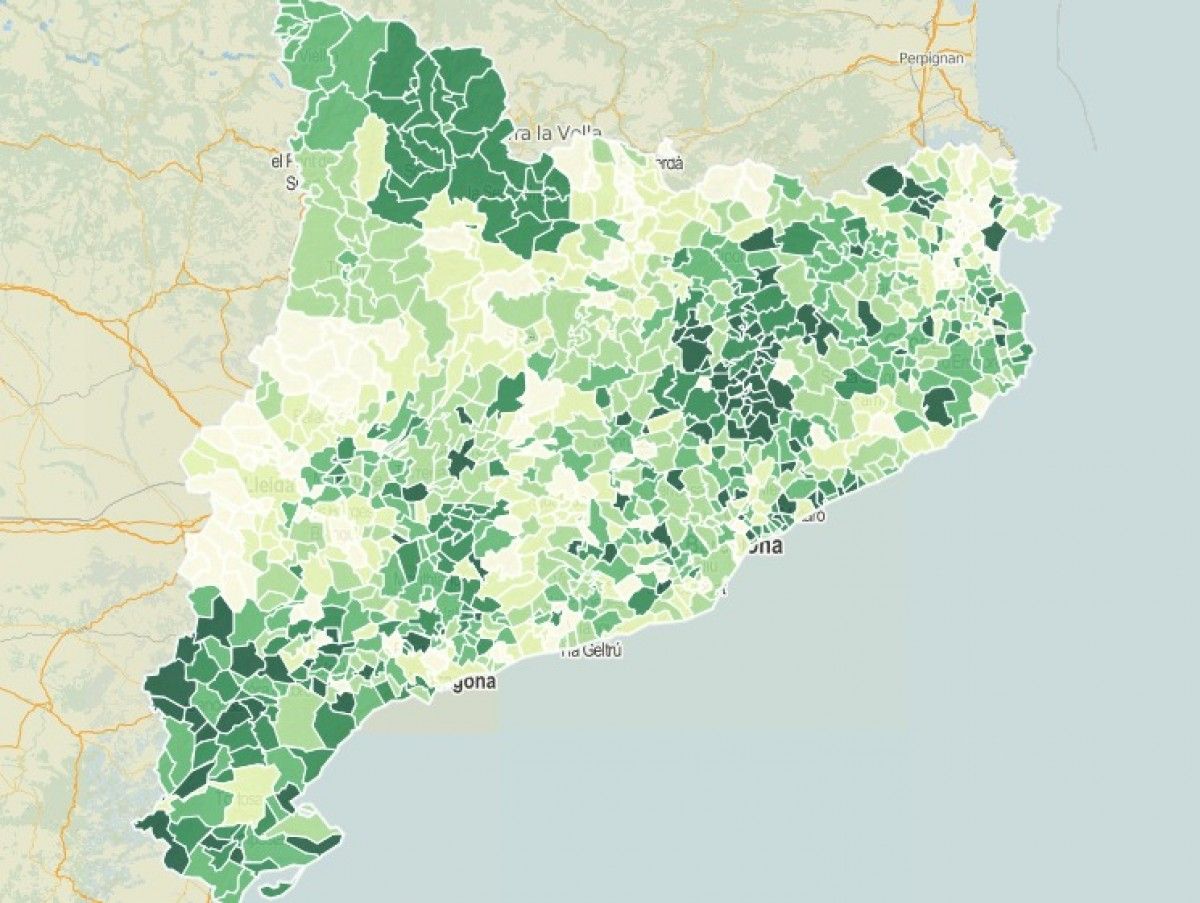 Mapa municipal de Catalunya, segons el percentatge de recollida selectiva de residus