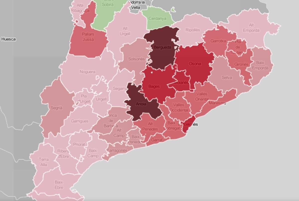 Mapa comarcal de Catalunya, en funció de la ràtio de morts per coronavirus.