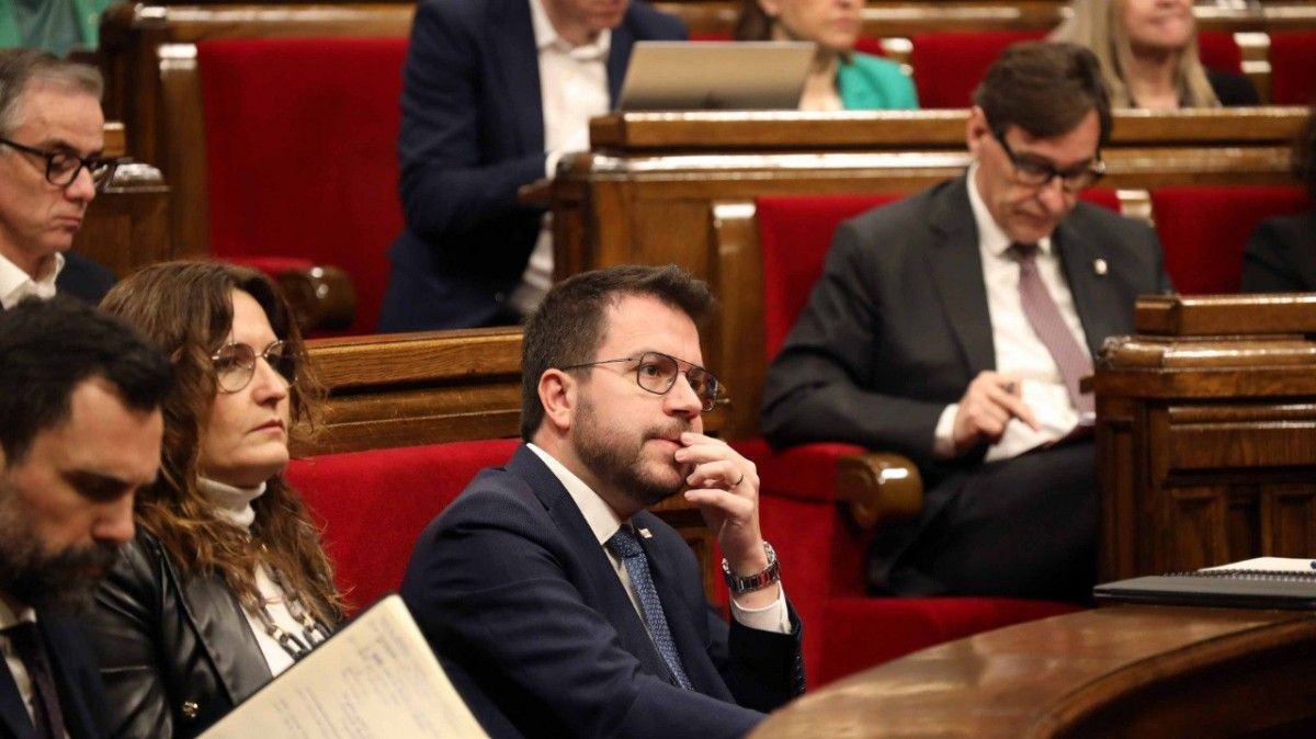 El president de la Generalitat, Pere Aragonès, durant el ple del Parlament sobre els pressupostos
