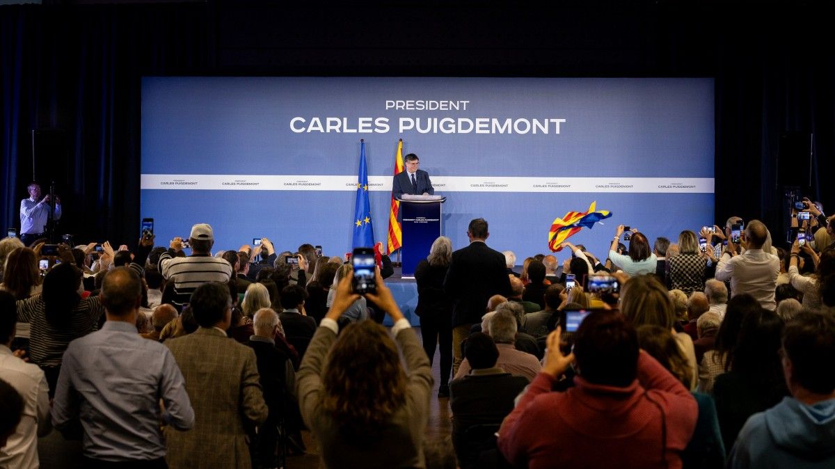 Carles Puigdemont, durant la conferència a Elna