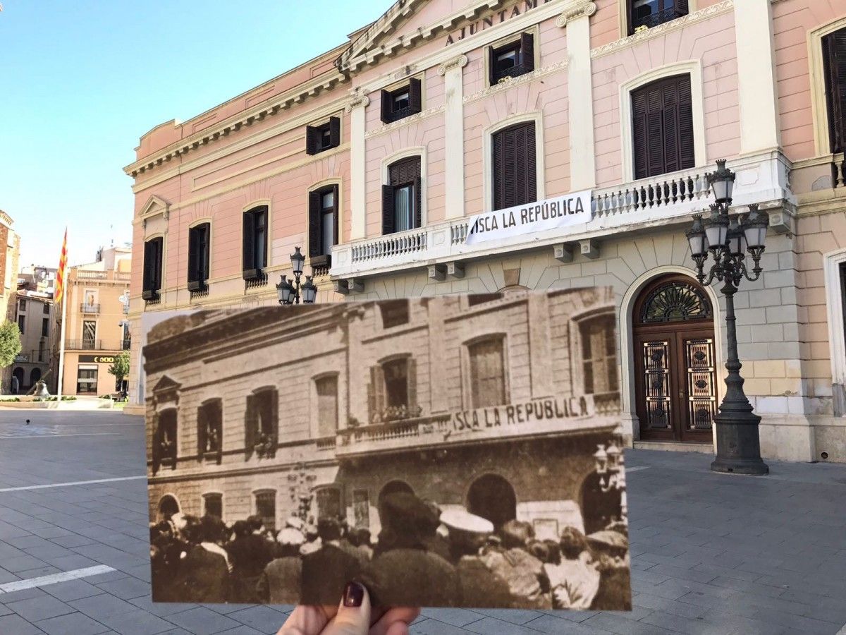 El balcó de l'Ajuntament de Sabadell a l'abril de 2017 i 1931