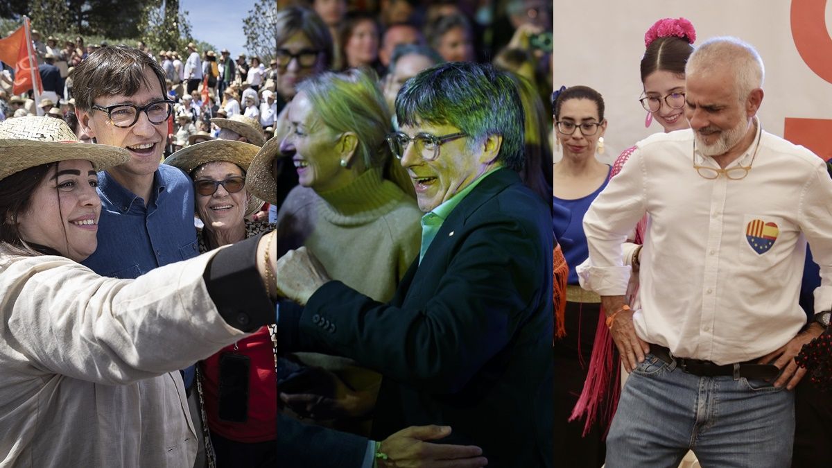 Salvador Illa, Carles Puigdemont i Carlos Carrizosa, en diversos actes de campanya