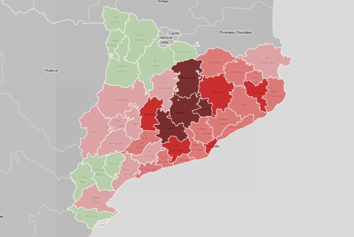 Mapa comarcal de Catalunya, en funció de la ràtio de morts per coronavirus al maig.