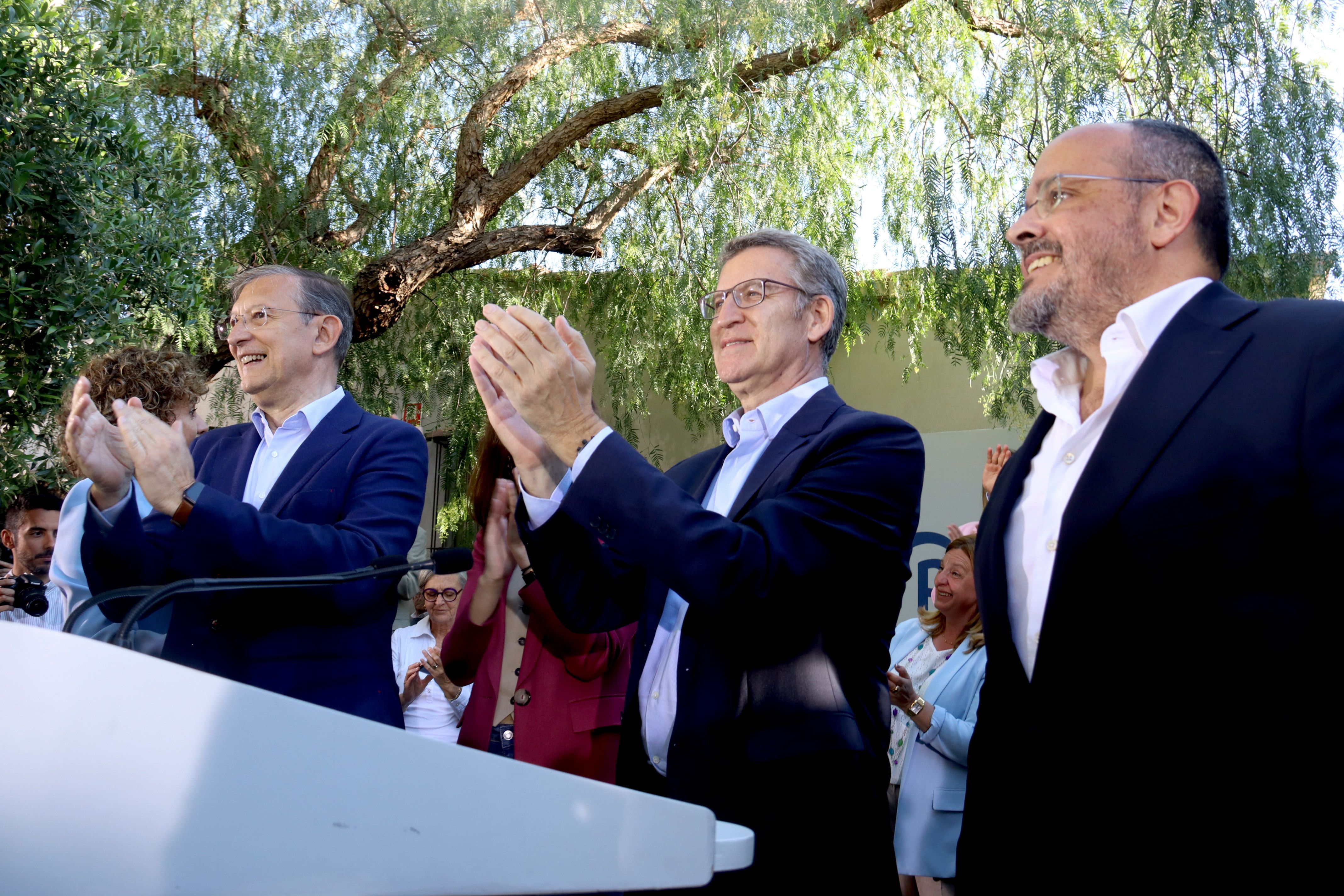 Pere Lluís Huguet, Alberto Núñez Feijóo i Alejandro Fernández, avui a Tarragona.