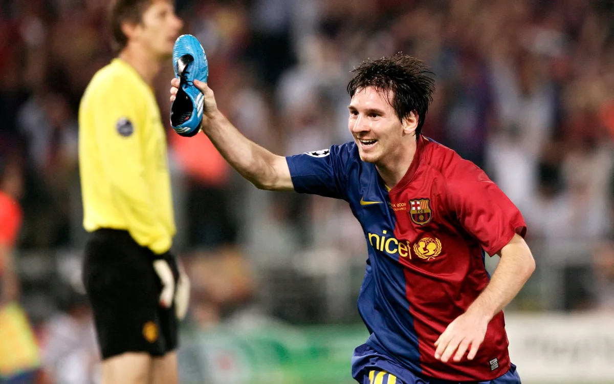 Messi celebra el segon gol a la final de la Lliga de Campions de Roma de 2009 que va permetre al Barça guanyar el seu primer triplet