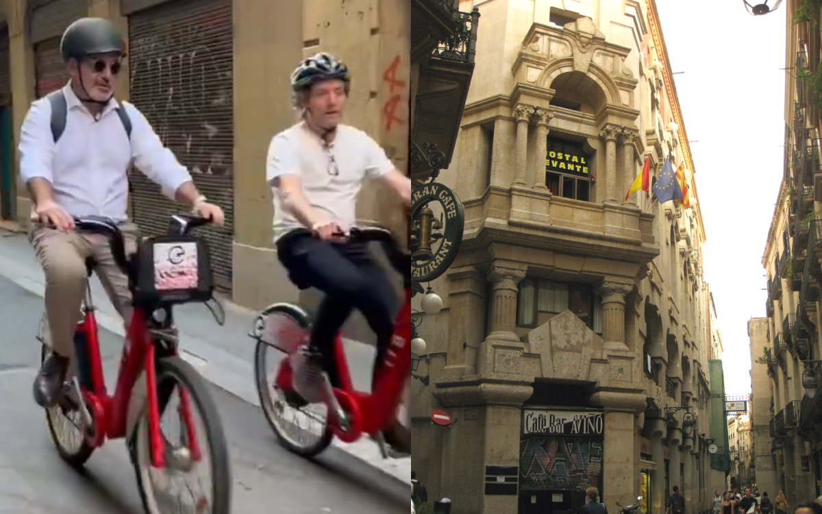 Collboni amb bici i el carrer Avinyó de Barcelona