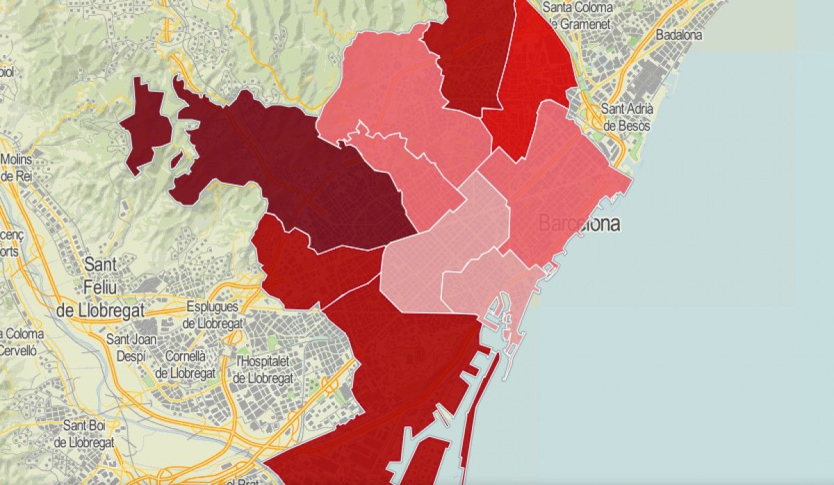 Mapa de Barcelona, segons intensitat d'ús del vehicle privat en dies feiners.