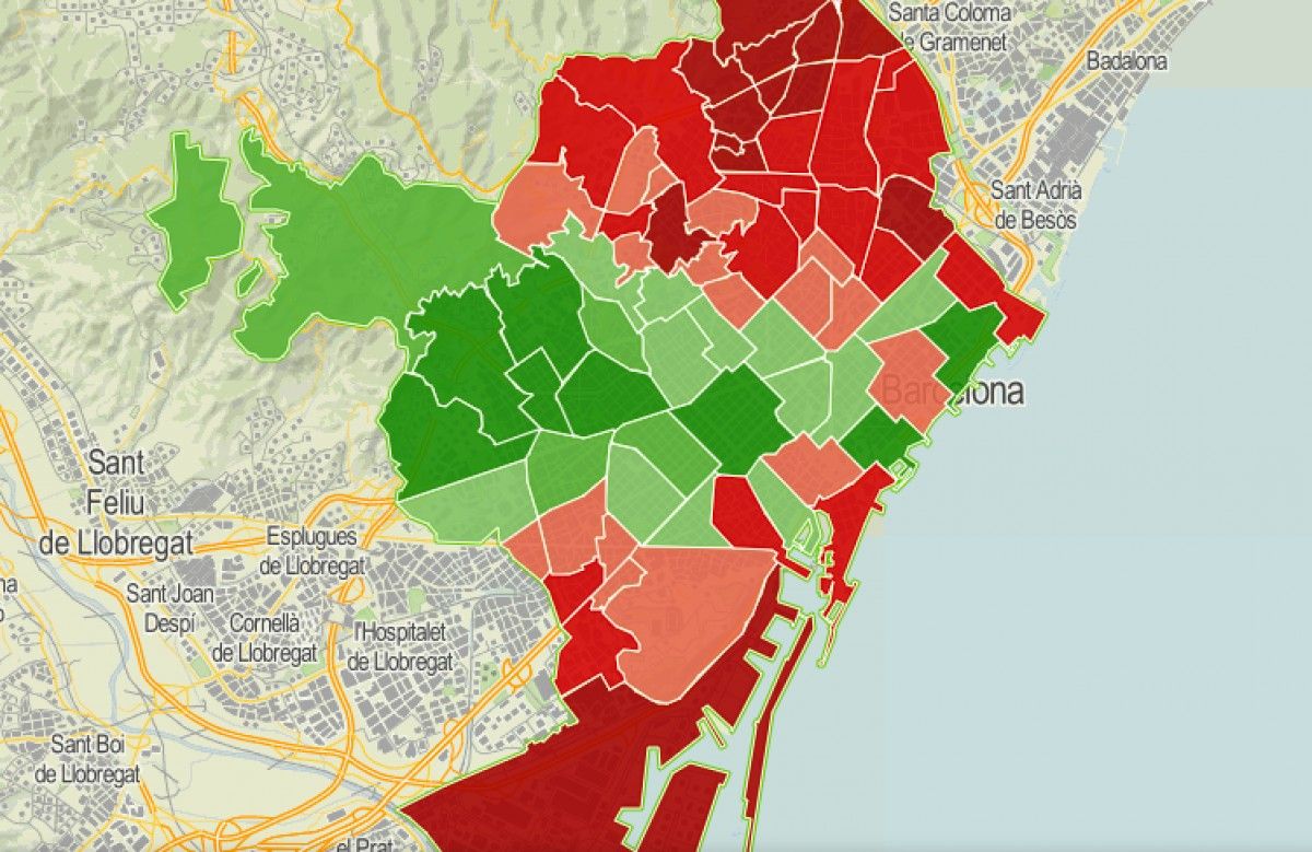 Mapa dels barris de Barcelona, en funció del seu nivell de renda familiar disponible.