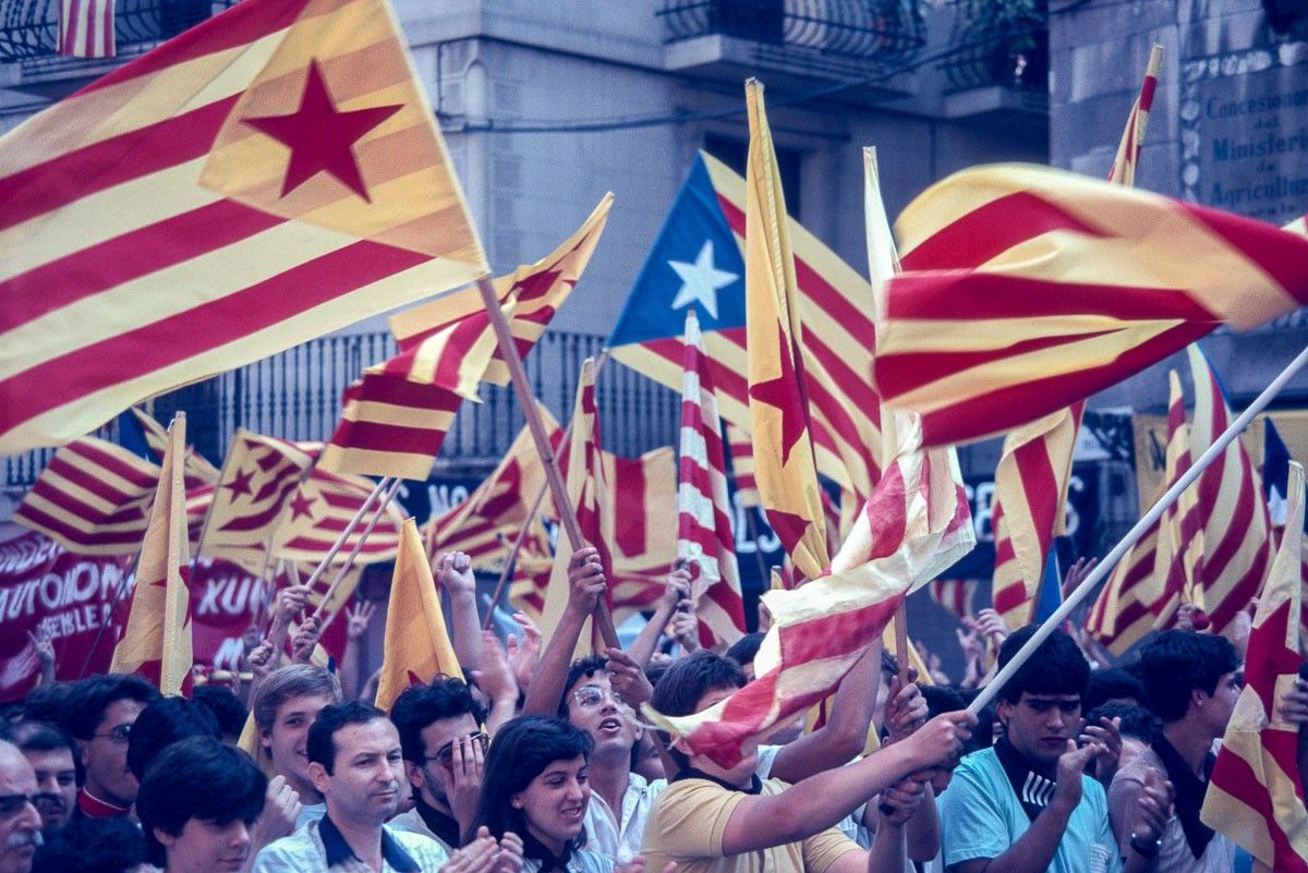 Manifestants mostrant estelades en la Diada de 1977. 