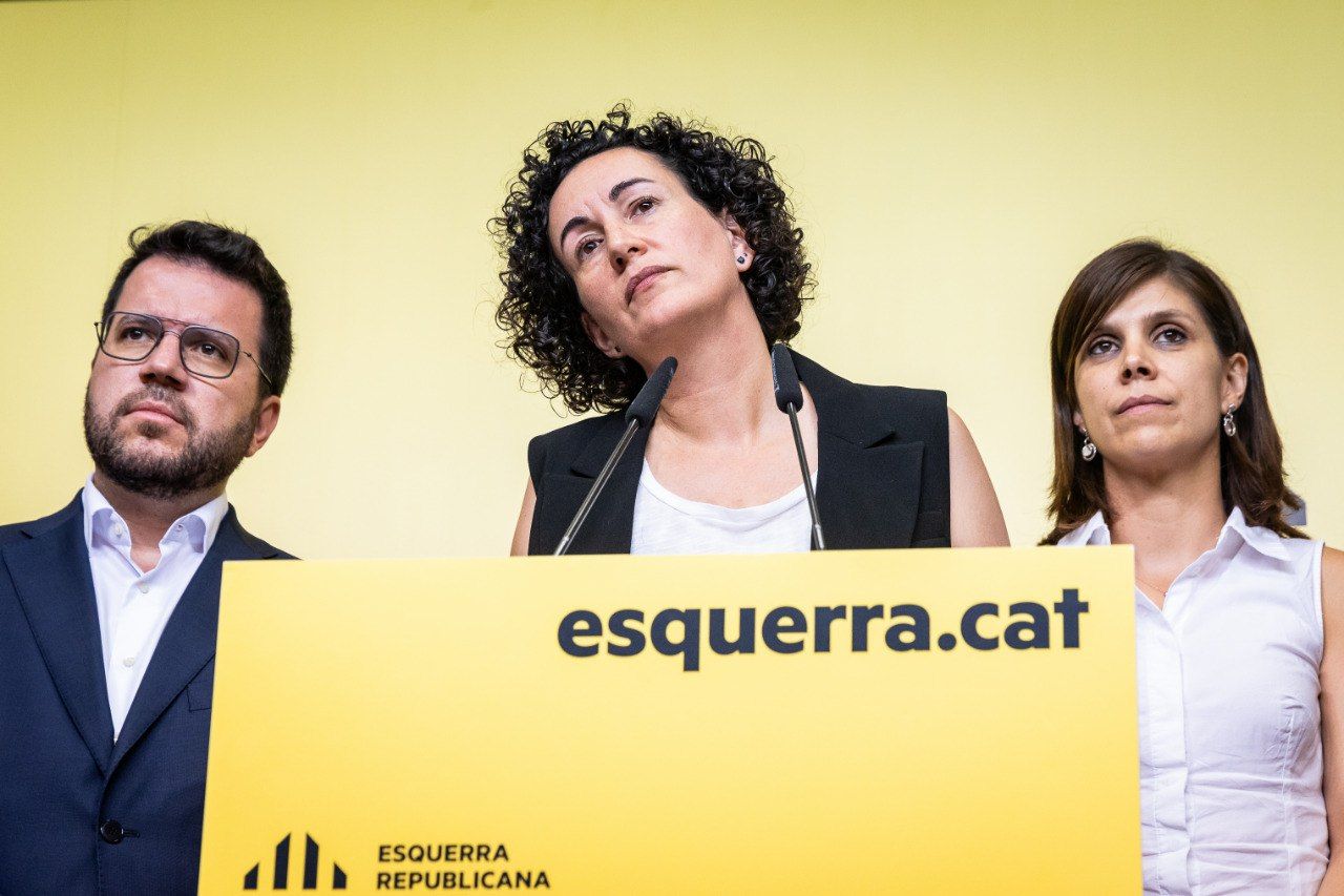 Pere Aragonès, Marta Rovira i Marta Vilalta, aquest divendres en roda de premsa després de la votació.