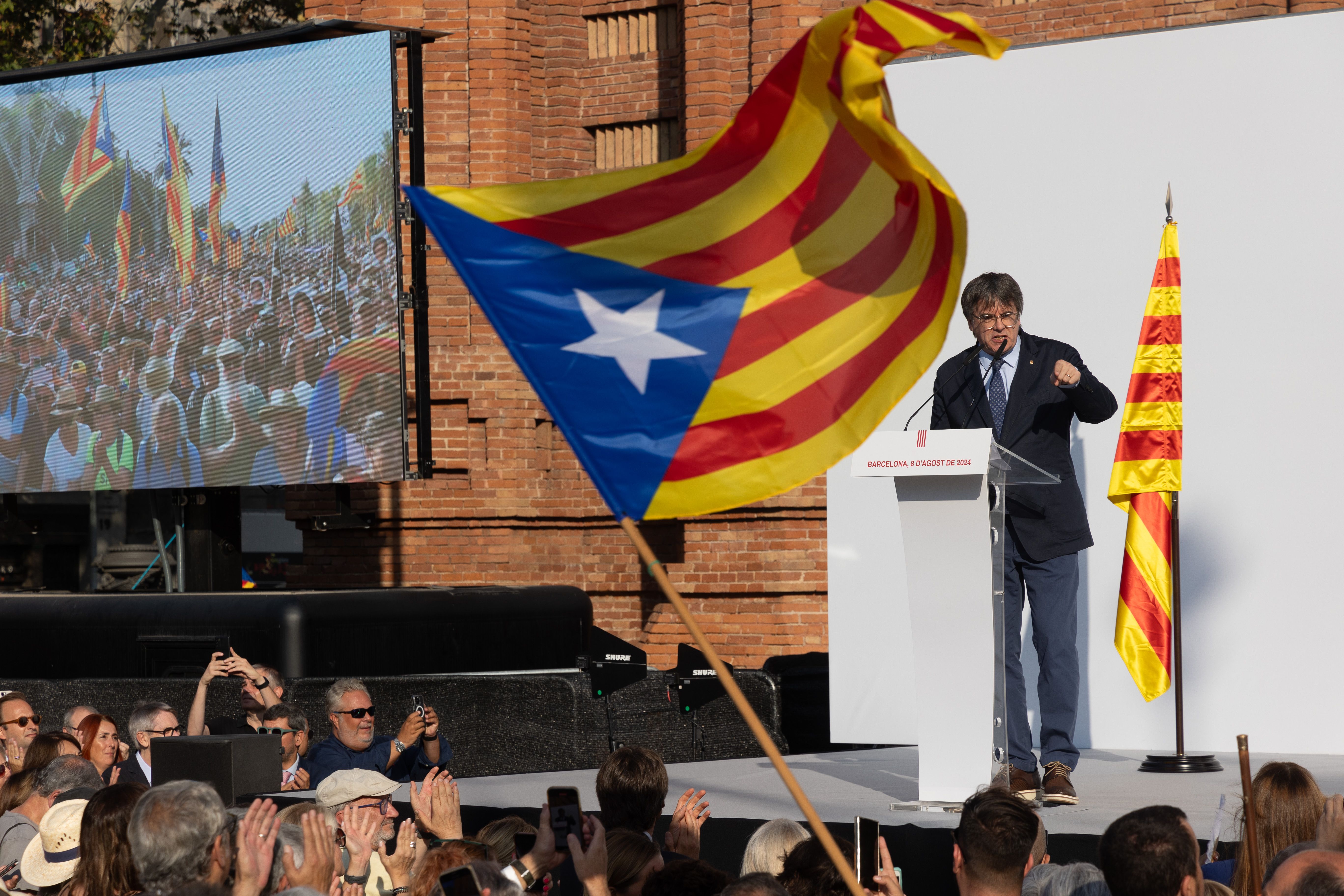 Puigdemont, durant la intervenció del 8 d'agost a Barcelona.