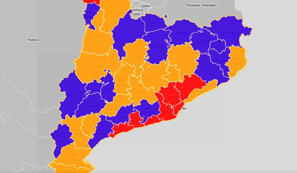 Mapa comarcal de Catalunya, segons la força més votada a les municipals del 2019