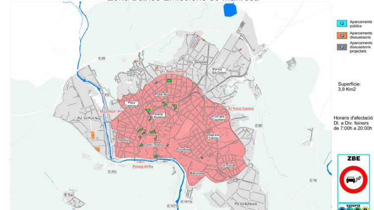 Mapa d'afectació de la Zona de Baixes Emissions de Manresa. Grafisme: AjM