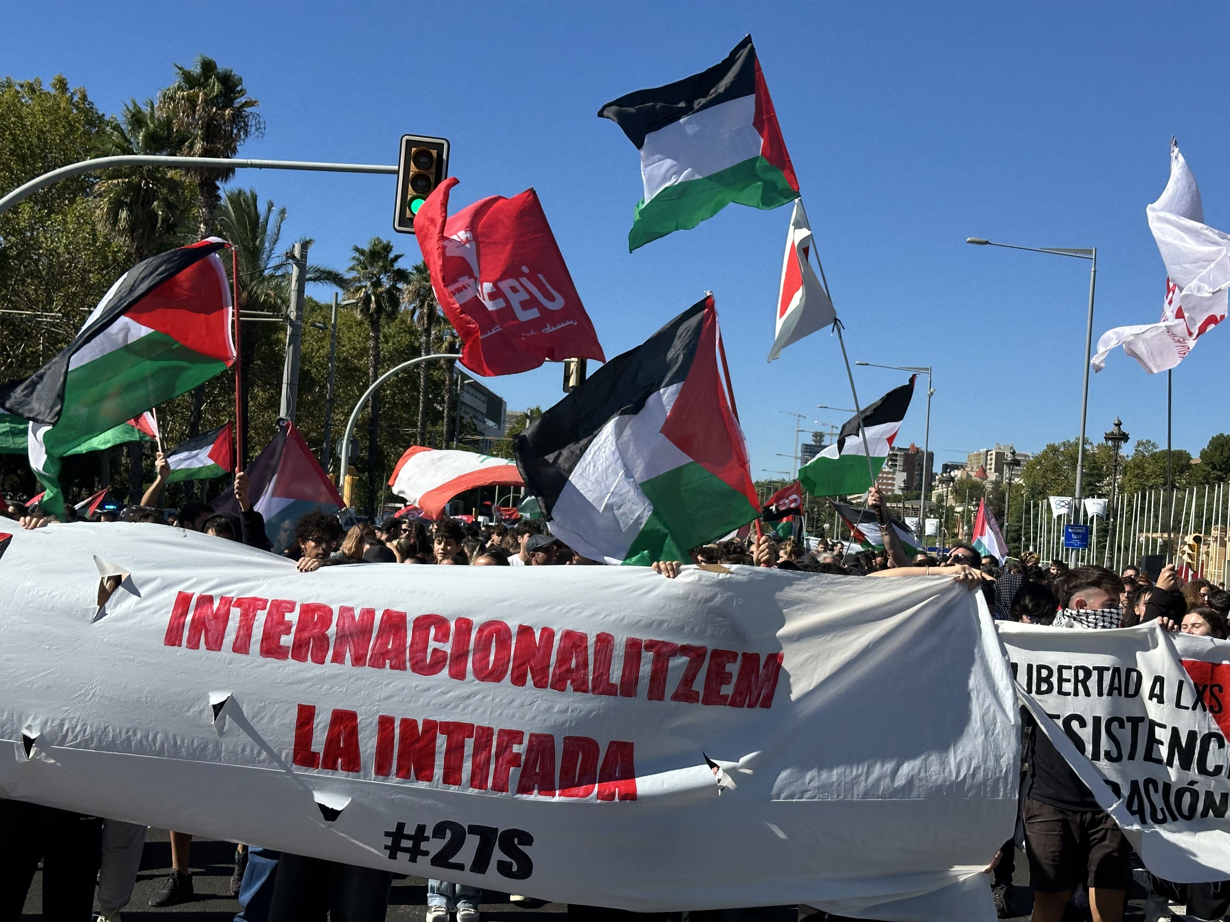 Els i les manifestants es tapen la cara amb pancartes durant la vaga per Palestina