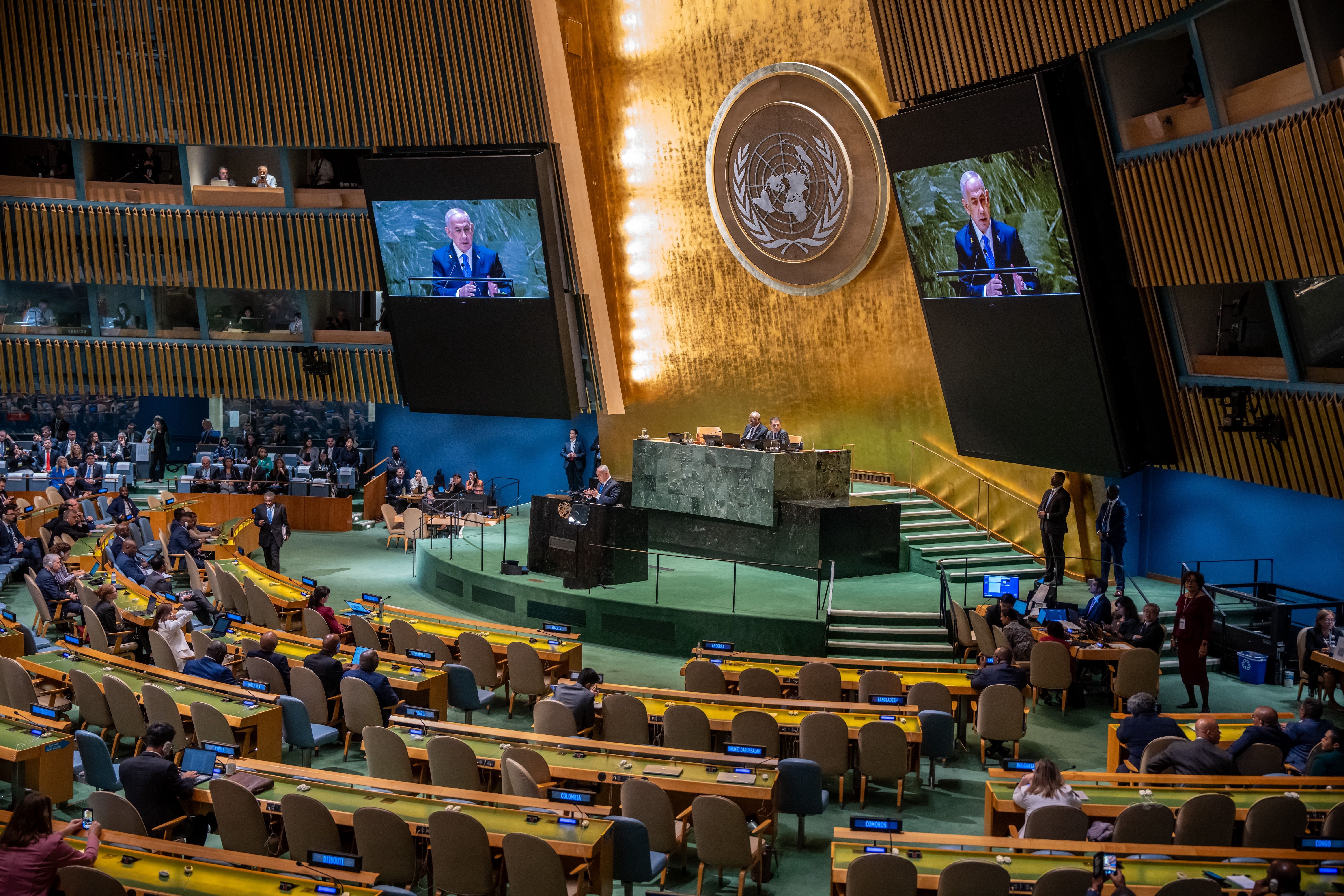 Benjamin Netanyahu parlant davant de l'assemblea general de Nacions Unides.