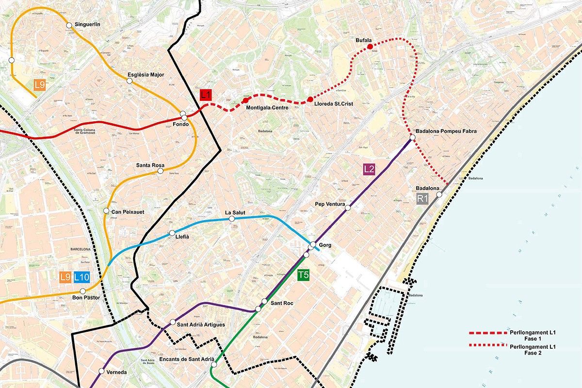 Mapa del perllongament de la línia 1 del metro a Badalona