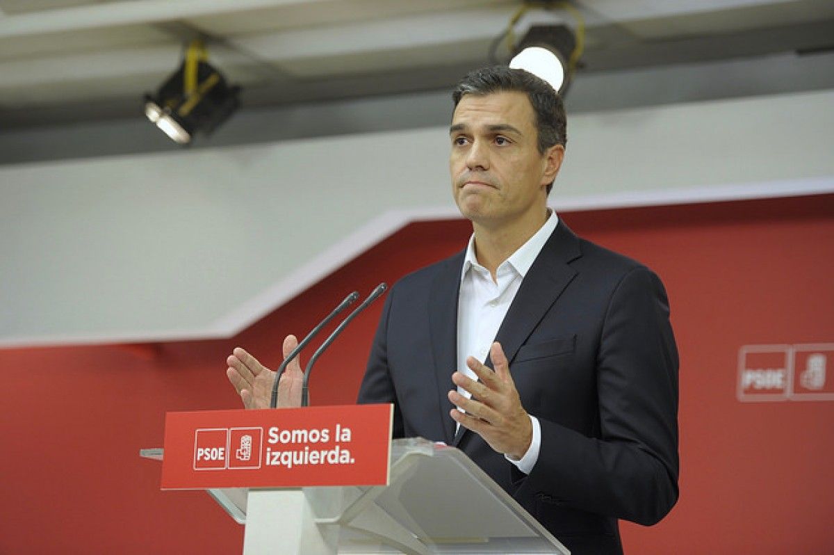 Pedro Sánchez, en roda de premsa a la seu del PSOE
