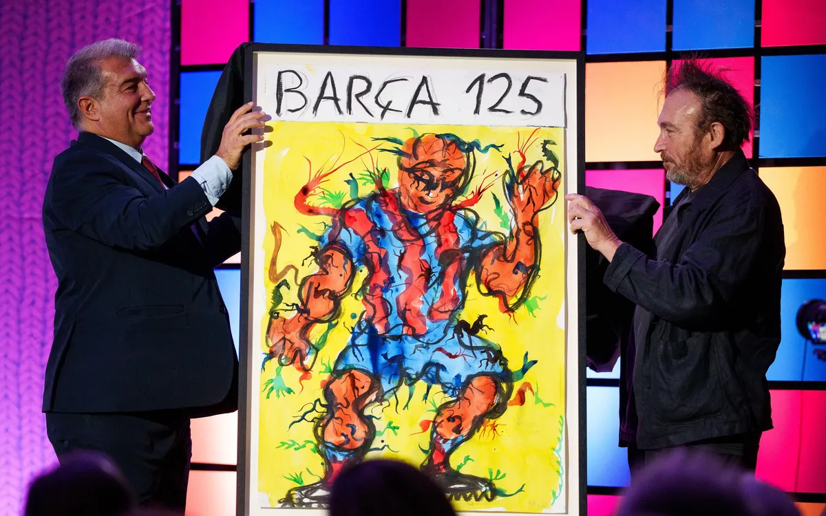 Laporta i Miquel Barceló presentant el cartell dels 125 anys del Barça