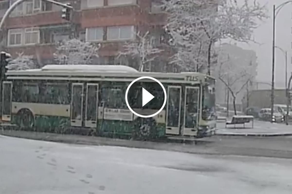 Un autobús de TUS entre la neu, a la carretera de Terrassa