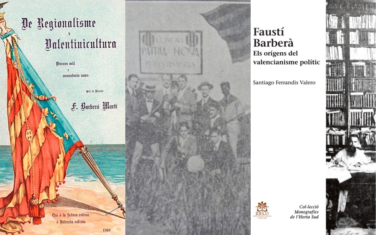 D'esquerra a dreta: conferència de Barberà Martí sobre valencianisme, ell a l'Aplec del Puig del 1915 i portada de la seva biografia