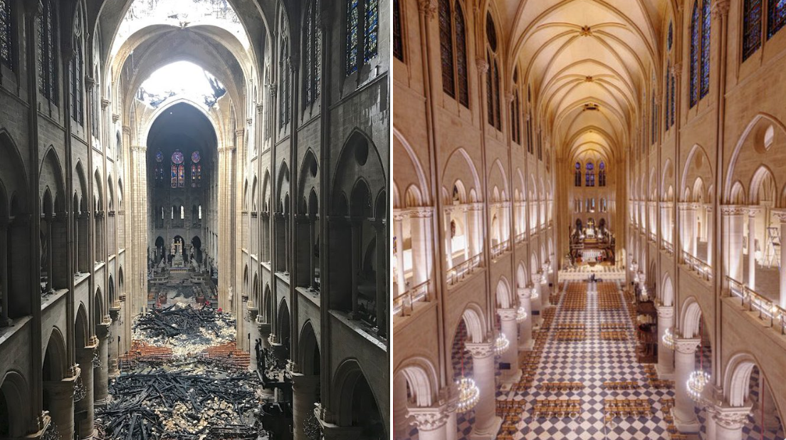 Notre Dame just després de l'incendi i després de la reconstrucció